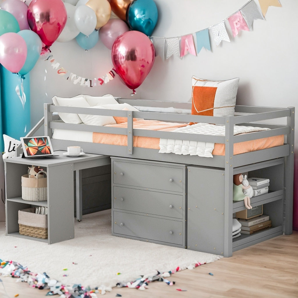 Twin Size Loft Bed With Desk,3 Drawers,Storage Stairs and Shelves