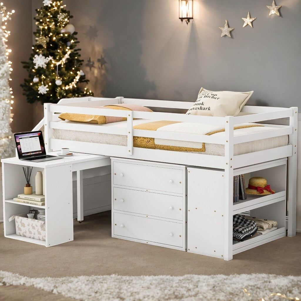 Twin Size Loft Bed With Desk,3 Drawers,Storage Stairs and Shelves