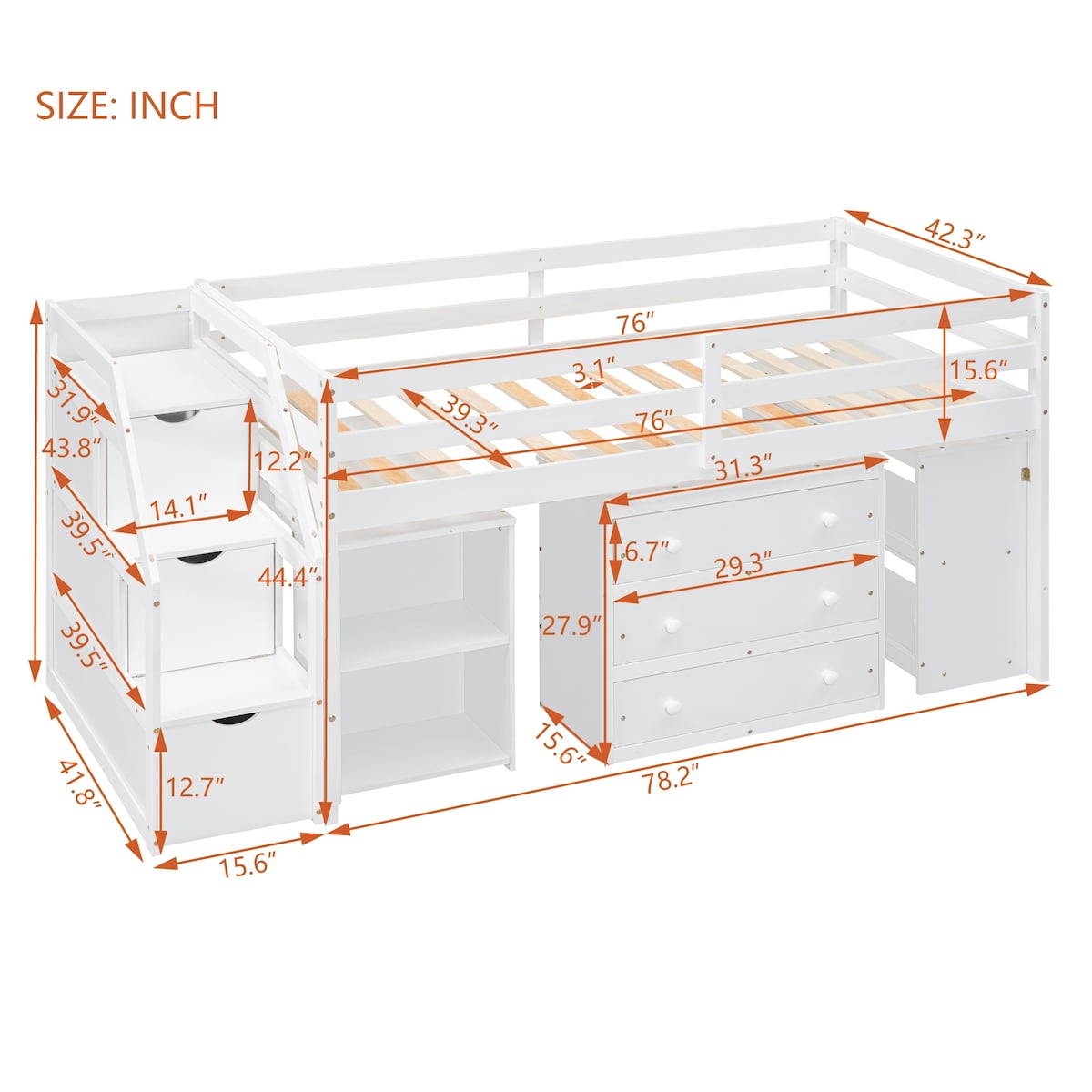 Twin Size Loft Bed With Desk,3 Drawers,Storage Stairs and Shelves