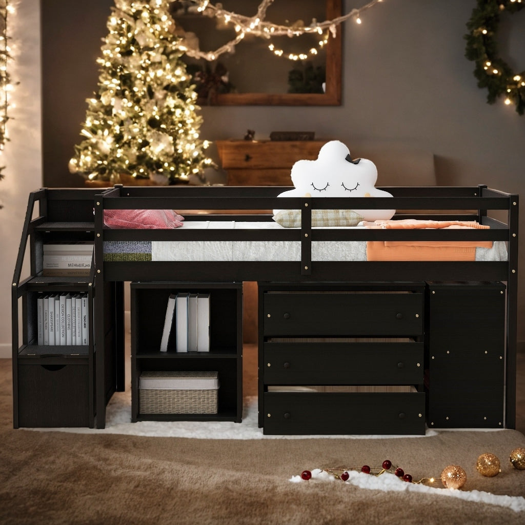 Twin Size Loft Bed With Desk,3 Drawers,Storage Stairs and Shelves