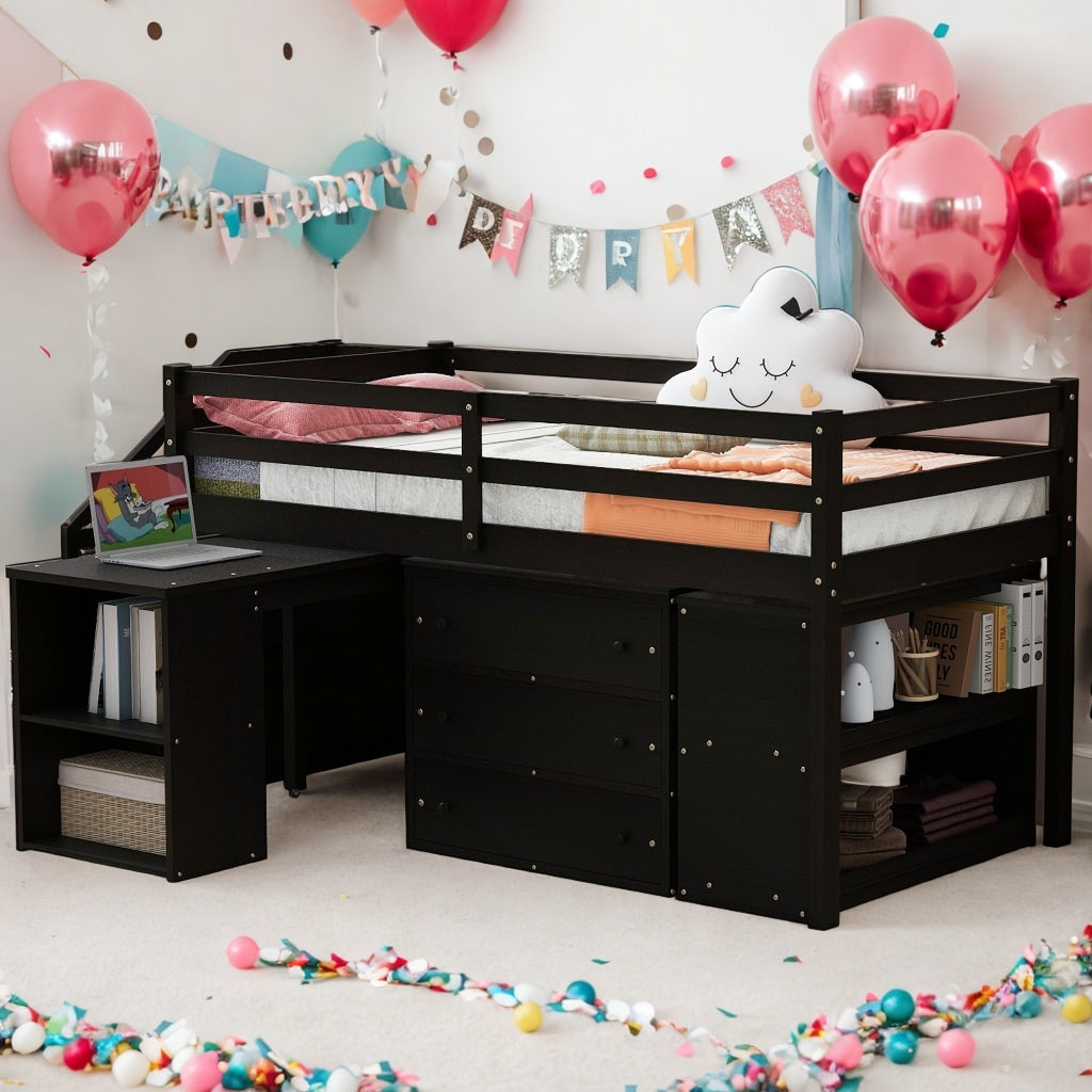 Twin Size Loft Bed With Desk,3 Drawers,Storage Stairs and Shelves