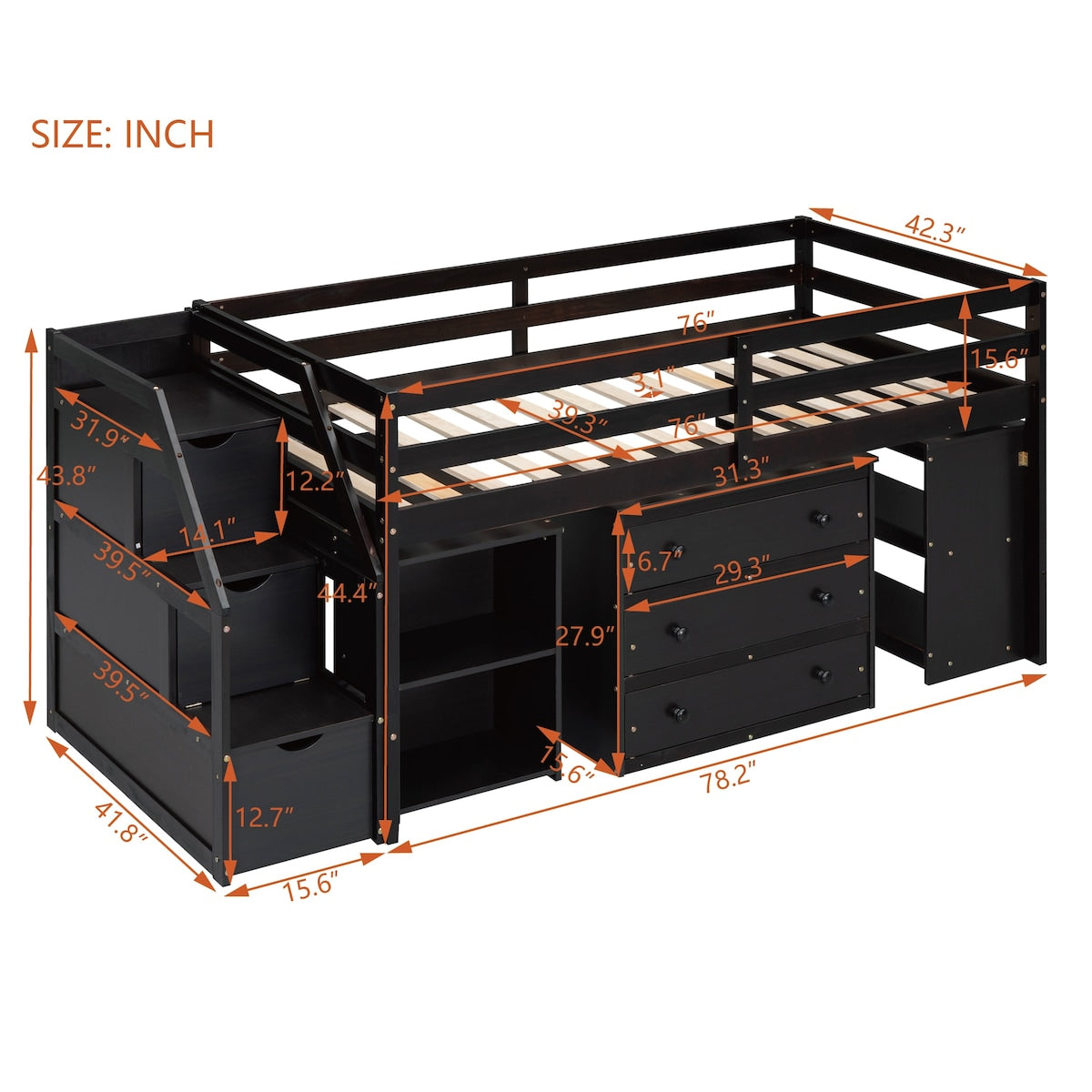 Twin Size Loft Bed With Desk,3 Drawers,Storage Stairs and Shelves