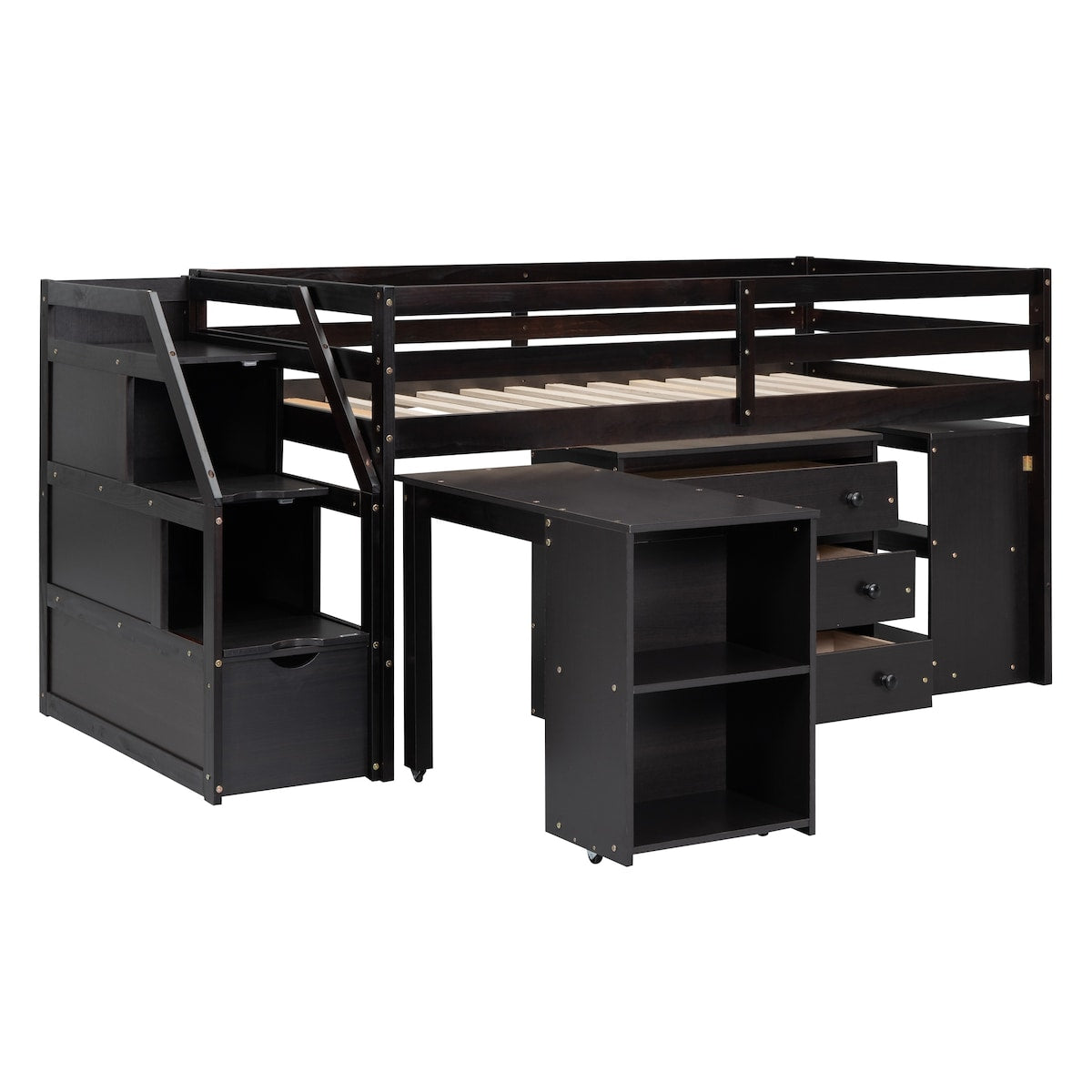 Twin Size Loft Bed With Desk,3 Drawers,Storage Stairs and Shelves