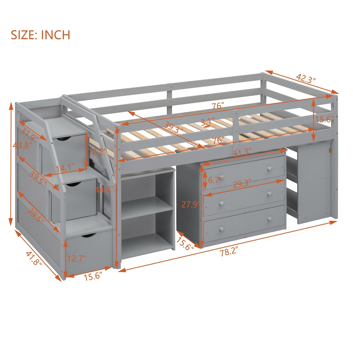 Twin Size Loft Bed With Desk,3 Drawers,Storage Stairs and Shelves