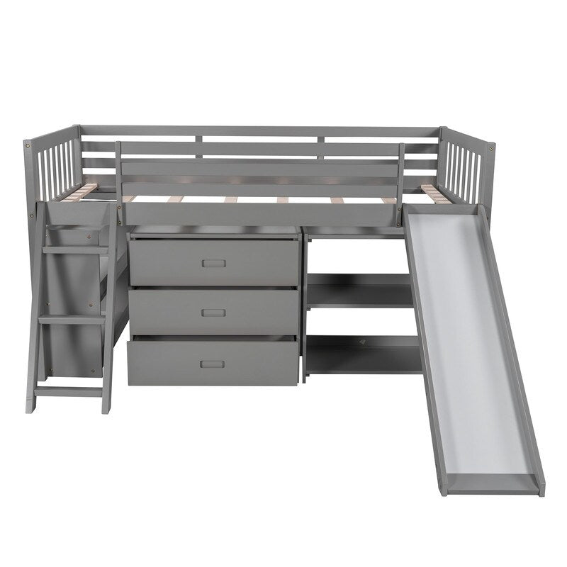 Twin Size Loft Bed with Bookcases, Drawers, Ladder and Slide, White