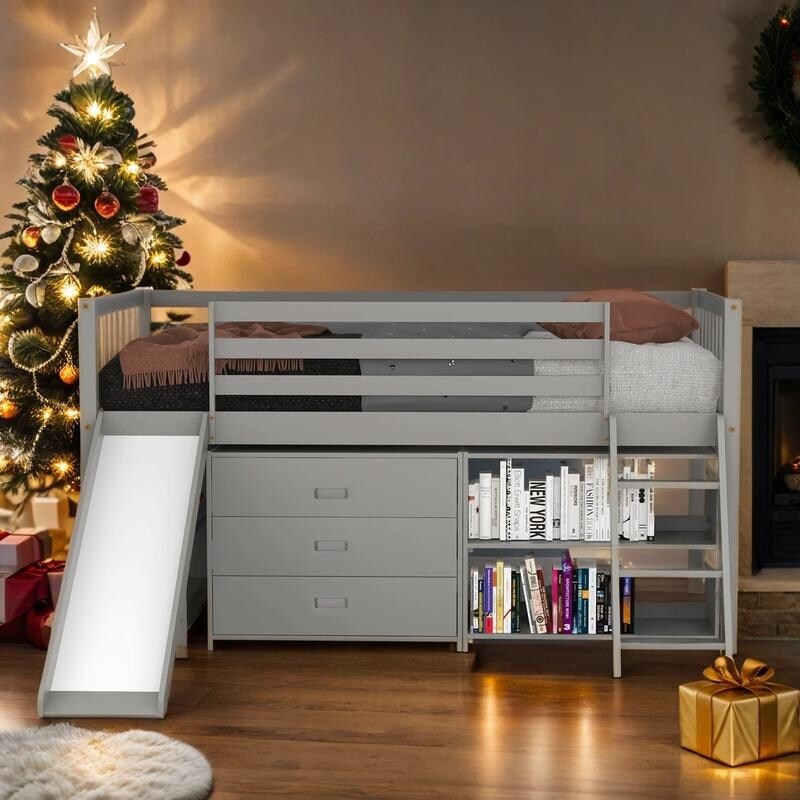 Twin Size Loft Bed with Bookcases, Drawers, Ladder and Slide, White