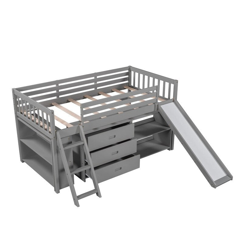 Twin Size Loft Bed with Bookcases, Drawers, Ladder and Slide, White