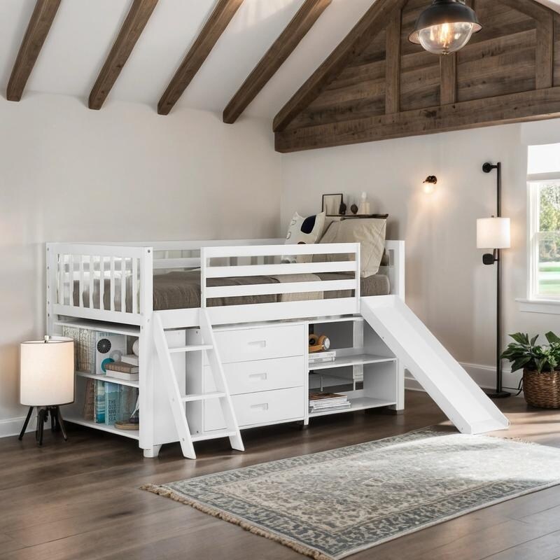 Twin Size Loft Bed with Bookcases, Drawers, Ladder and Slide, White