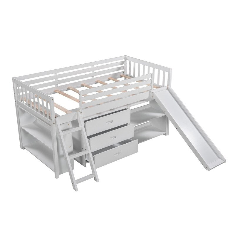 Twin Size Loft Bed with Bookcases, Drawers, Ladder and Slide, White