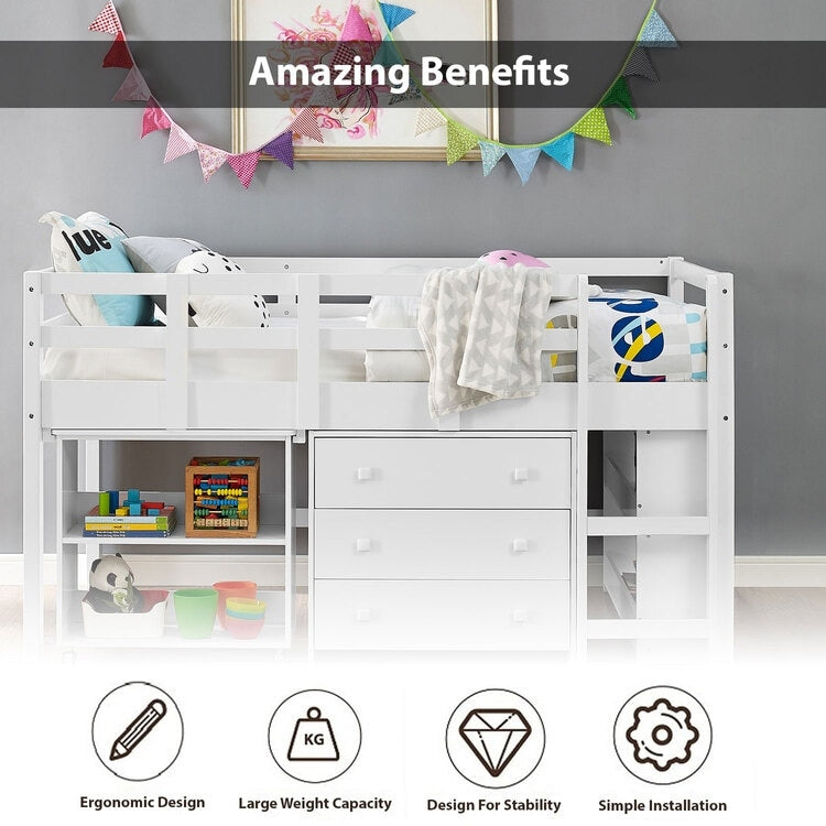 Twin Size Loft Bed with Desk Low Study Kids Twin Loft Bed with Storage Pine Wood Loft Bed for Kids Twin Loft Bed with Cabinet