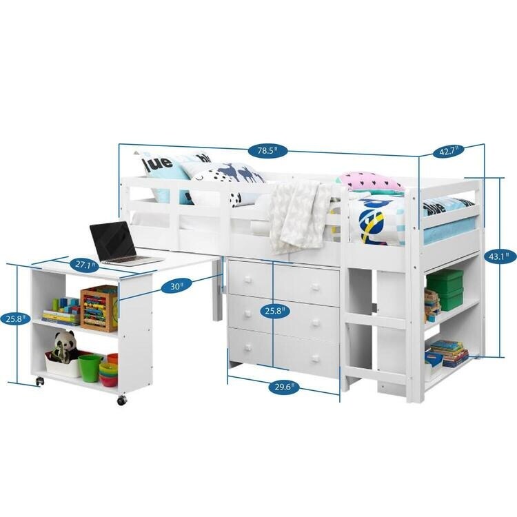 Twin Size Loft Bed with Desk Low Study Kids Twin Loft Bed with Storage Pine Wood Loft Bed for Kids Twin Loft Bed with Cabinet