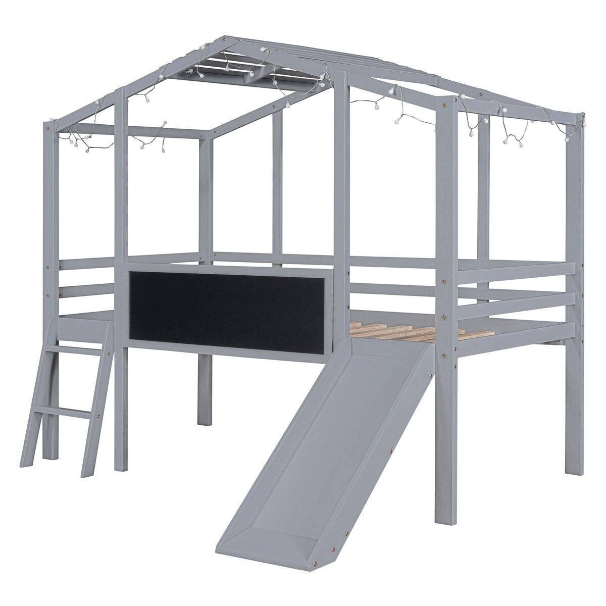 Twin Size Loft Bed with Ladder and Slide, House Bed with Blackboard