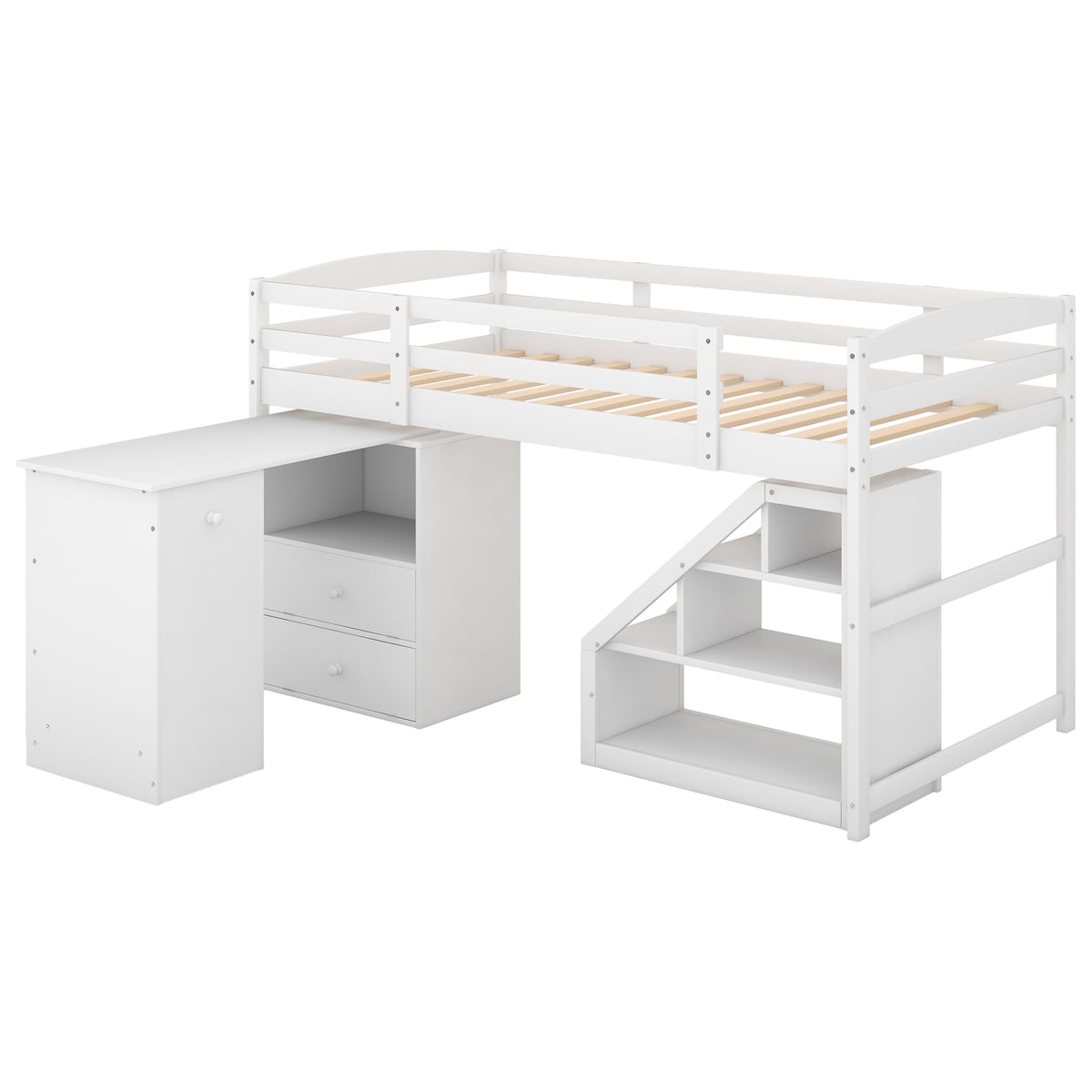 Twin Size Loft Bed with Multifunctional Movable Built-in Desk and and Staircase