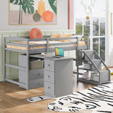 Twin Size Loft Bed with Multifunctional Movable Built-in Desk and and Staircase