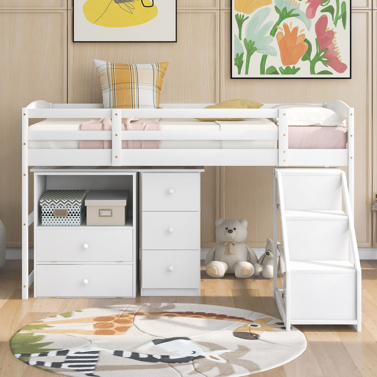 Twin Size Loft Bed with Multifunctional Movable Built-in Desk and and Staircase