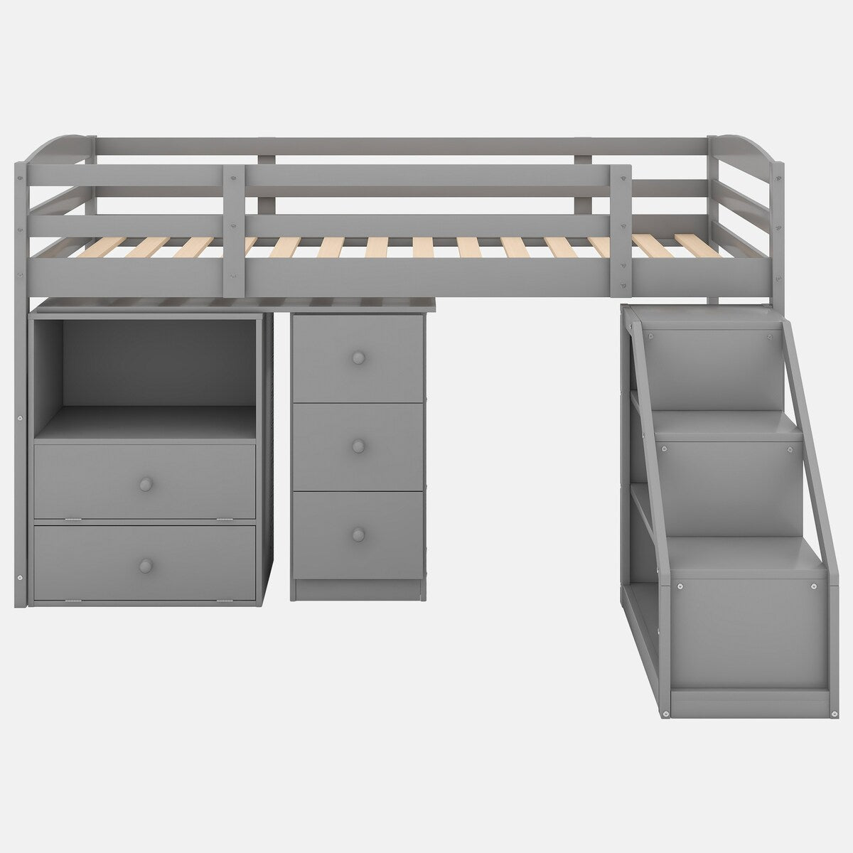 Twin Size Loft Bed with Multifunctional Movable Built-in Desk and and Staircase