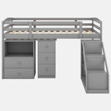 Twin Size Loft Bed with Multifunctional Movable Built-in Desk and and Staircase
