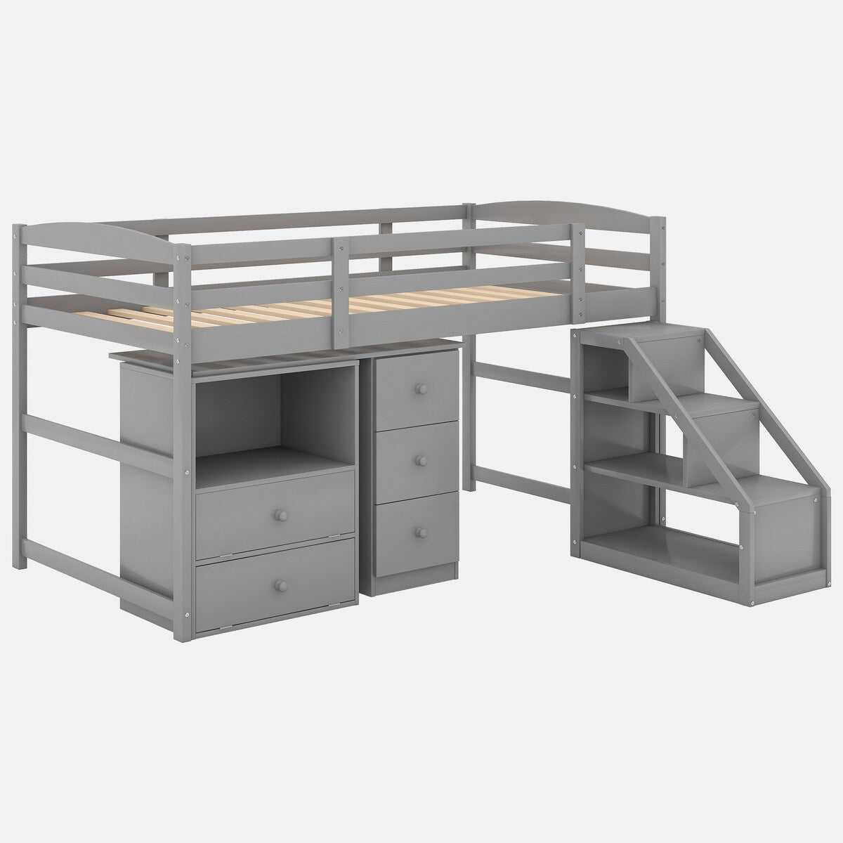 Twin Size Loft Bed with Multifunctional Movable Built-in Desk and and Staircase