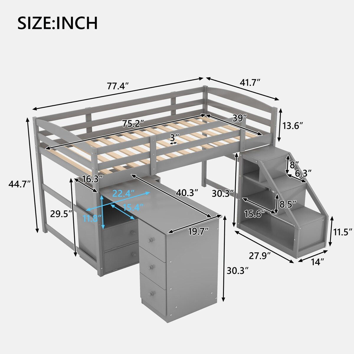 Twin Size Loft Bed with Multifunctional Movable Built-in Desk and and Staircase