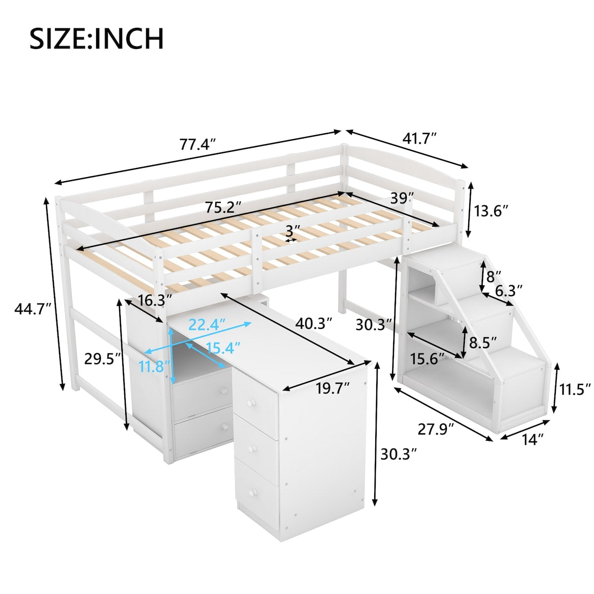 Twin Size Loft Bed with Multifunctional Movable Built-in Desk and and Staircase