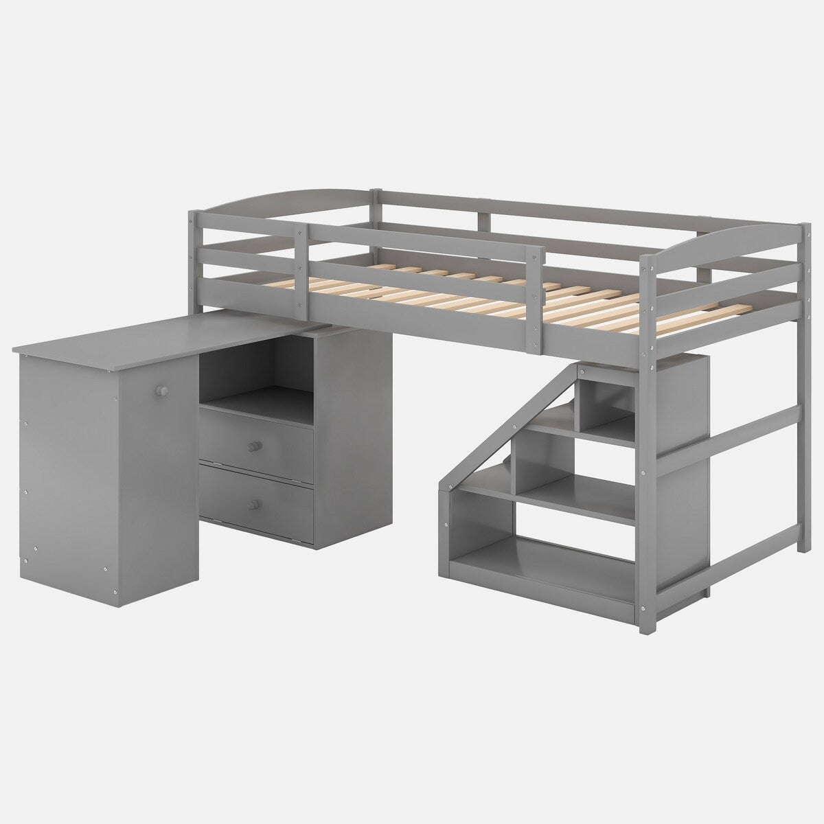 Twin Size Loft Bed with Multifunctional Movable Built-in Desk and and Staircase