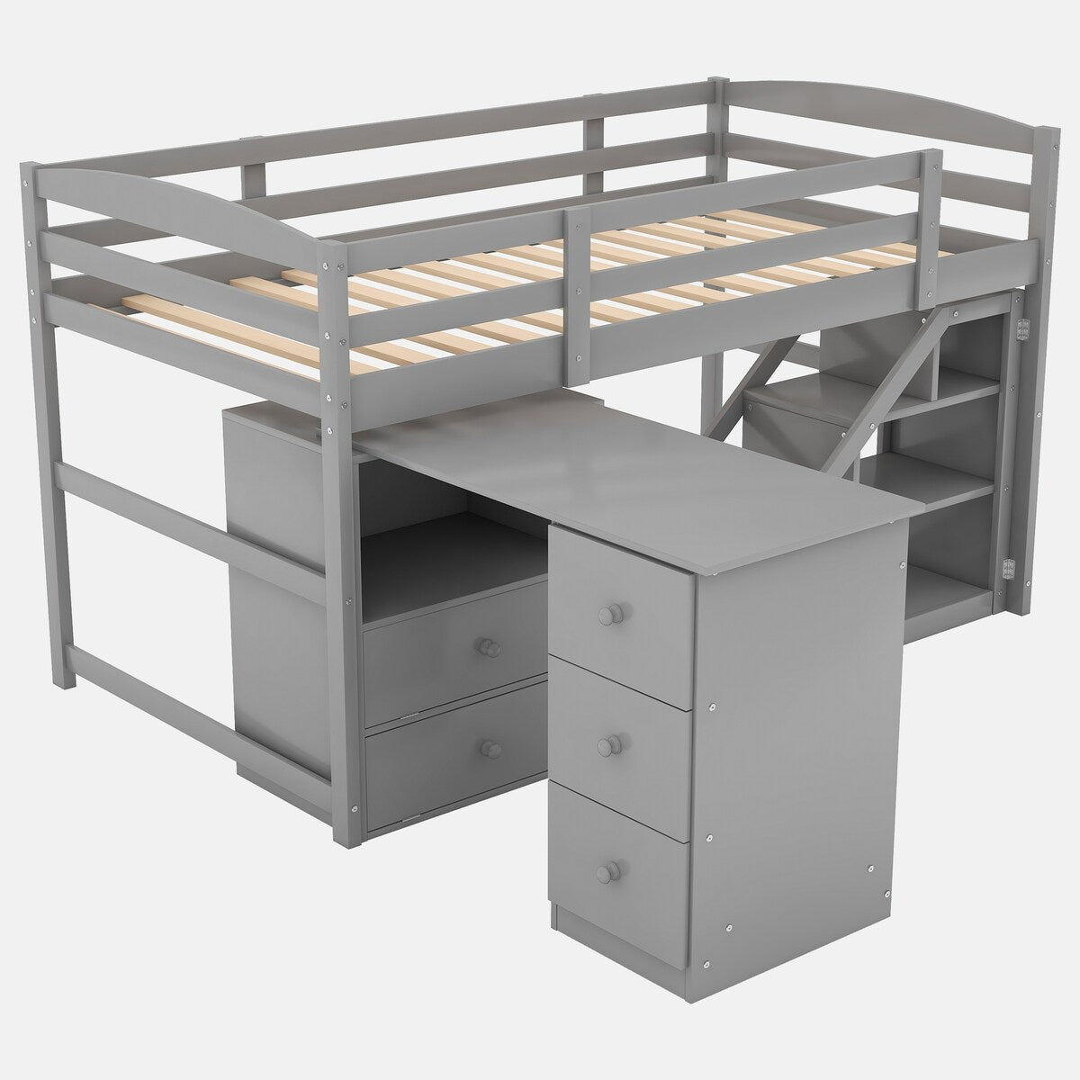 Twin Size Loft Bed with Multifunctional Movable Built-in Desk and and Staircase