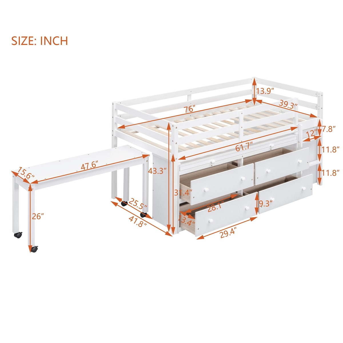 Twin Size Loft Bed with Writing Desk and 4 Drawers