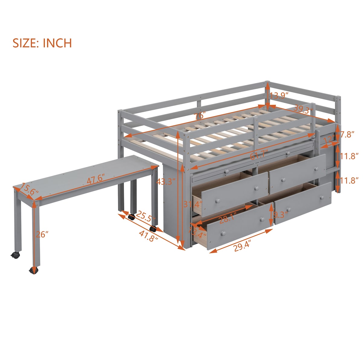 Twin Size Loft Bed with Writing Desk and 4 Drawers