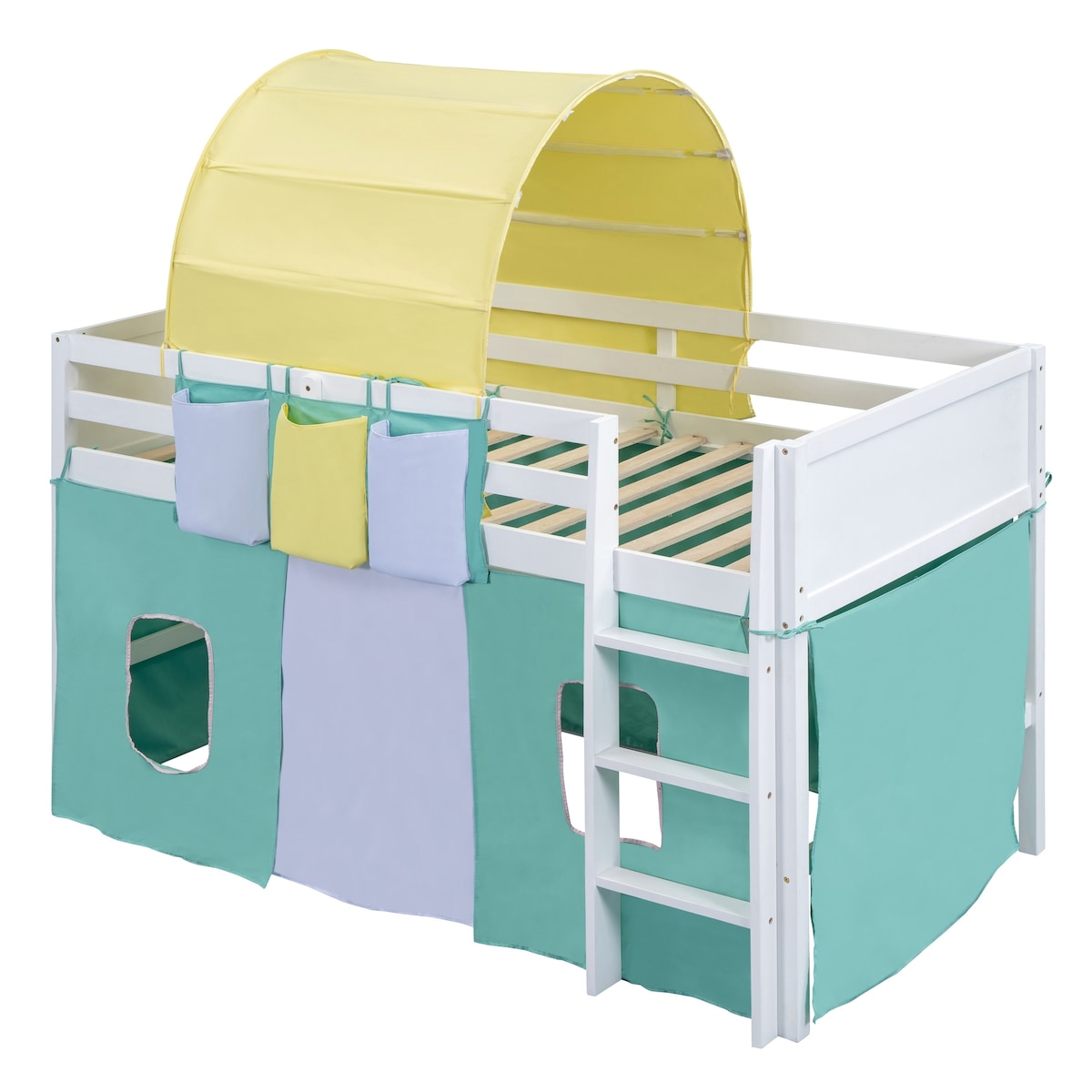Twin Size Loft Bed with Tent and Tower and Three Pockets