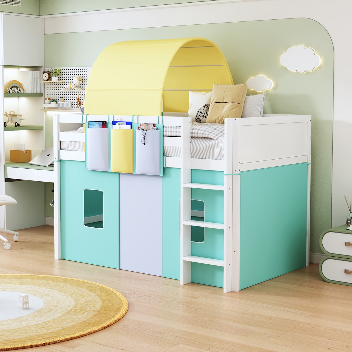 Twin Size Loft Bed with Tent and Tower and Three Pockets