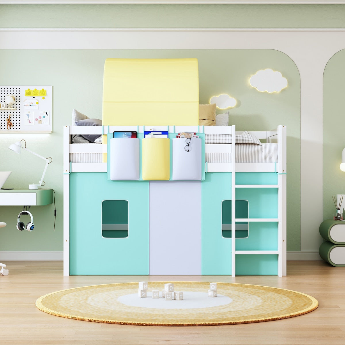 Twin Size Loft Bed with Tent and Tower and Three Pockets