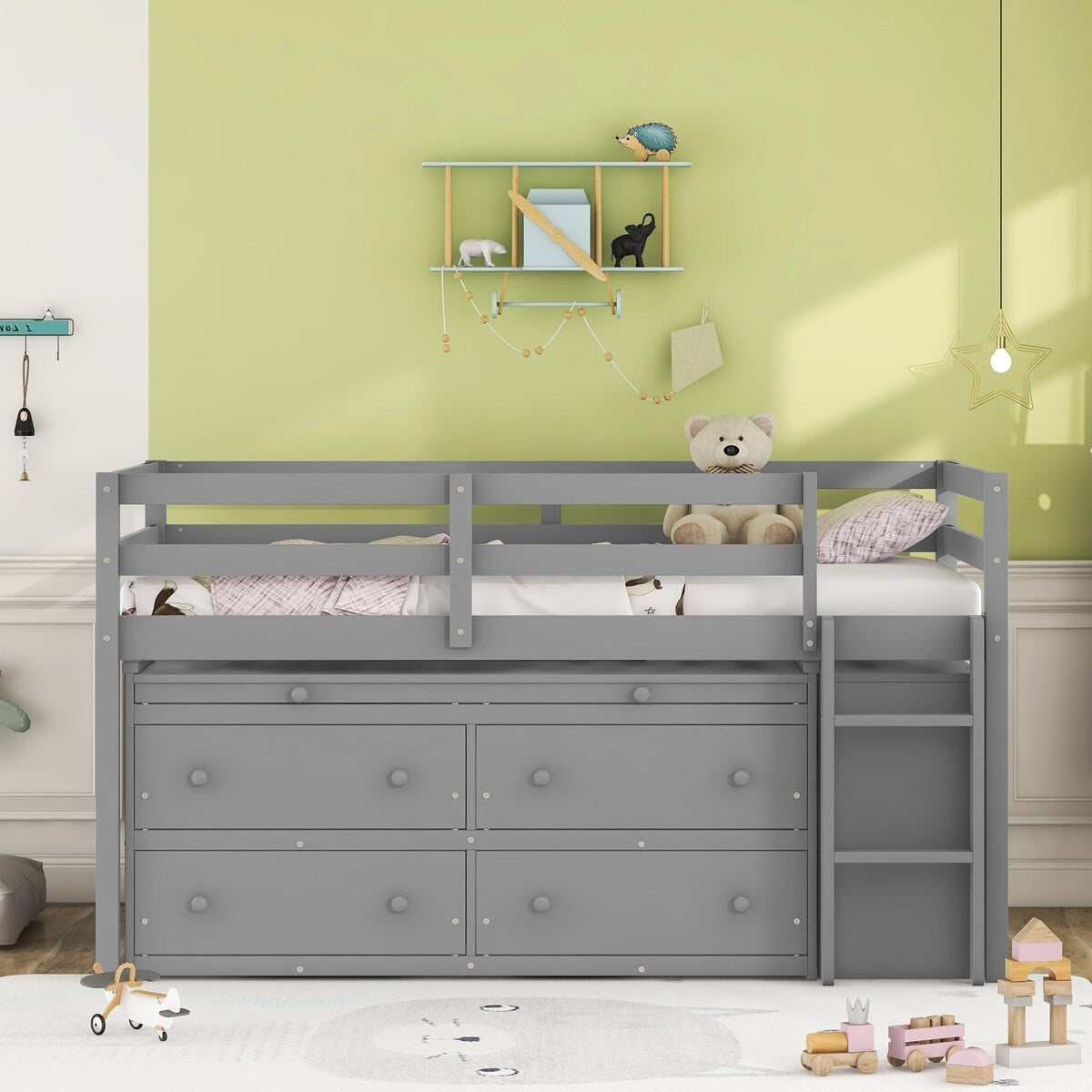 Twin Size Loft Bed with Writing Desk and 4 Drawers