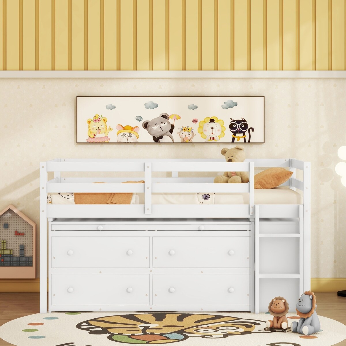 Twin Size Loft Bed with Writing Desk and 4 Drawers