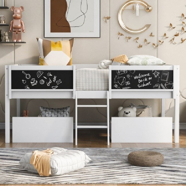 Twin Size Low Loft Bed with Two Drawers,with Decorative Guardrail Chalkboard,White