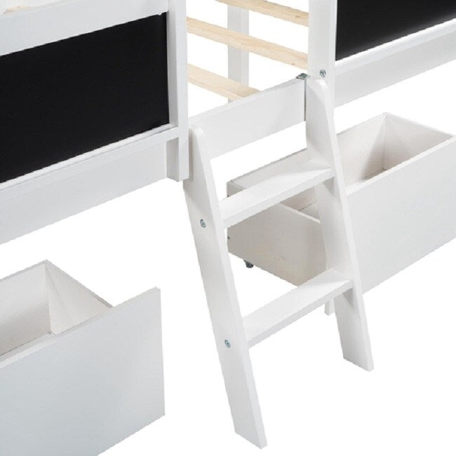 Twin Size Low Loft Bed with Two Drawers,with Decorative Guardrail Chalkboard,White