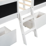 Twin Size Low Loft Bed with Two Drawers,with Decorative Guardrail Chalkboard,White