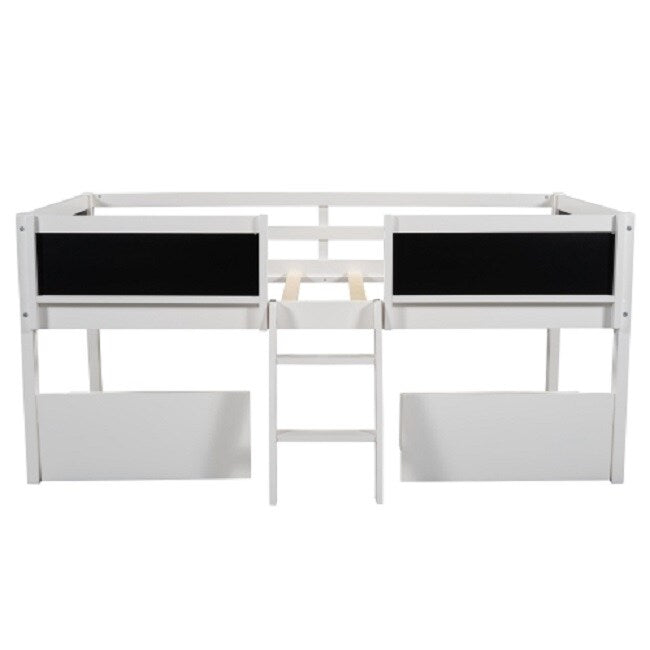 Twin Size Low Loft Bed with Two Drawers,with Decorative Guardrail Chalkboard,White
