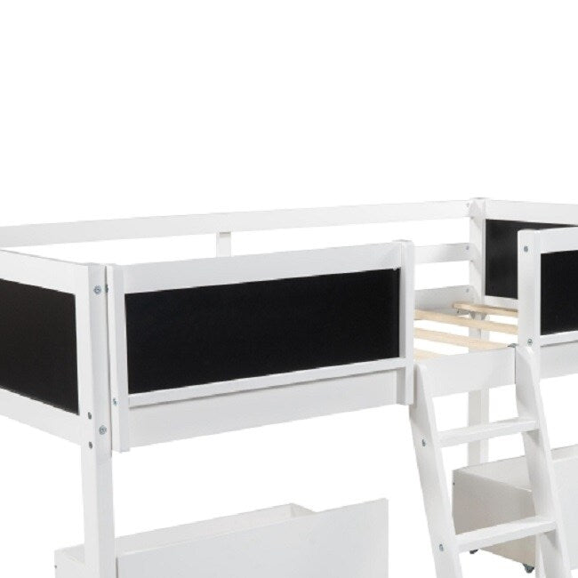 Twin Size Low Loft Bed with Two Drawers,with Decorative Guardrail Chalkboard,White