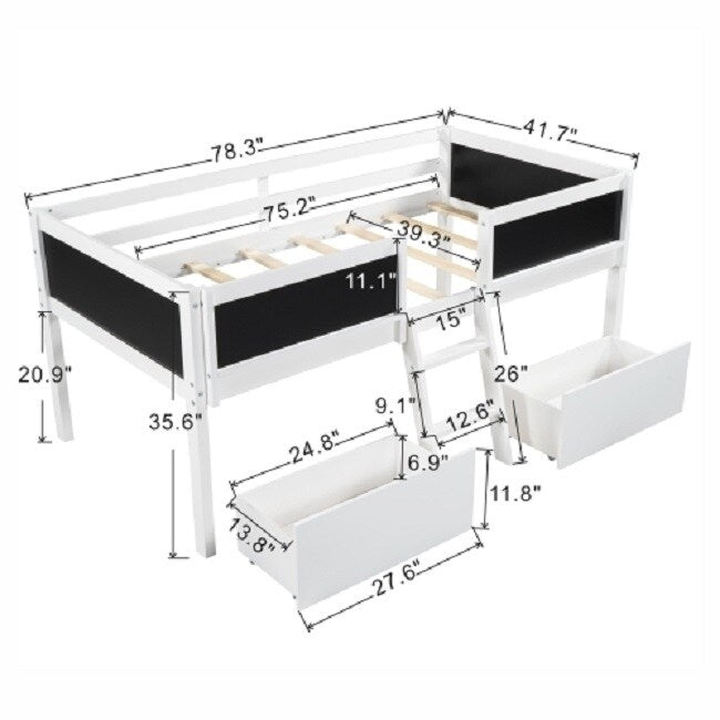 Twin Size Low Loft Bed with Two Drawers,with Decorative Guardrail Chalkboard,White