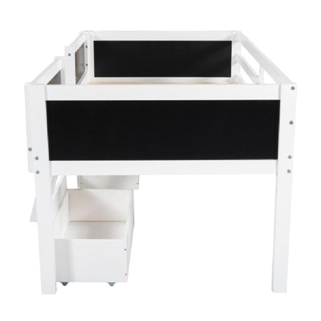 Twin Size Low Loft Bed with Two Drawers,with Decorative Guardrail Chalkboard,White