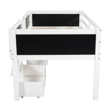 Twin Size Low Loft Bed with Two Drawers,with Decorative Guardrail Chalkboard,White