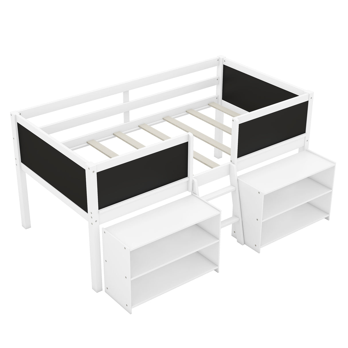 Twin Size Low Loft Bed with Two Movable Shelves and Ladder