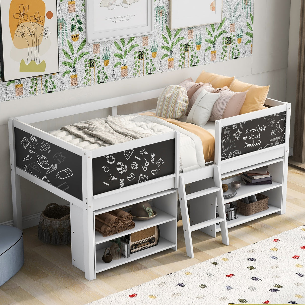 Twin Size Low Loft Bed with Two Movable Shelves and Ladder