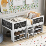 Twin Size Low Loft Bed with Two Movable Shelves and Ladder