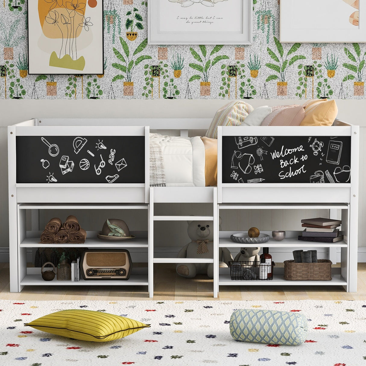 Twin Size Low Loft Bed with Two Movable Shelves and Ladder