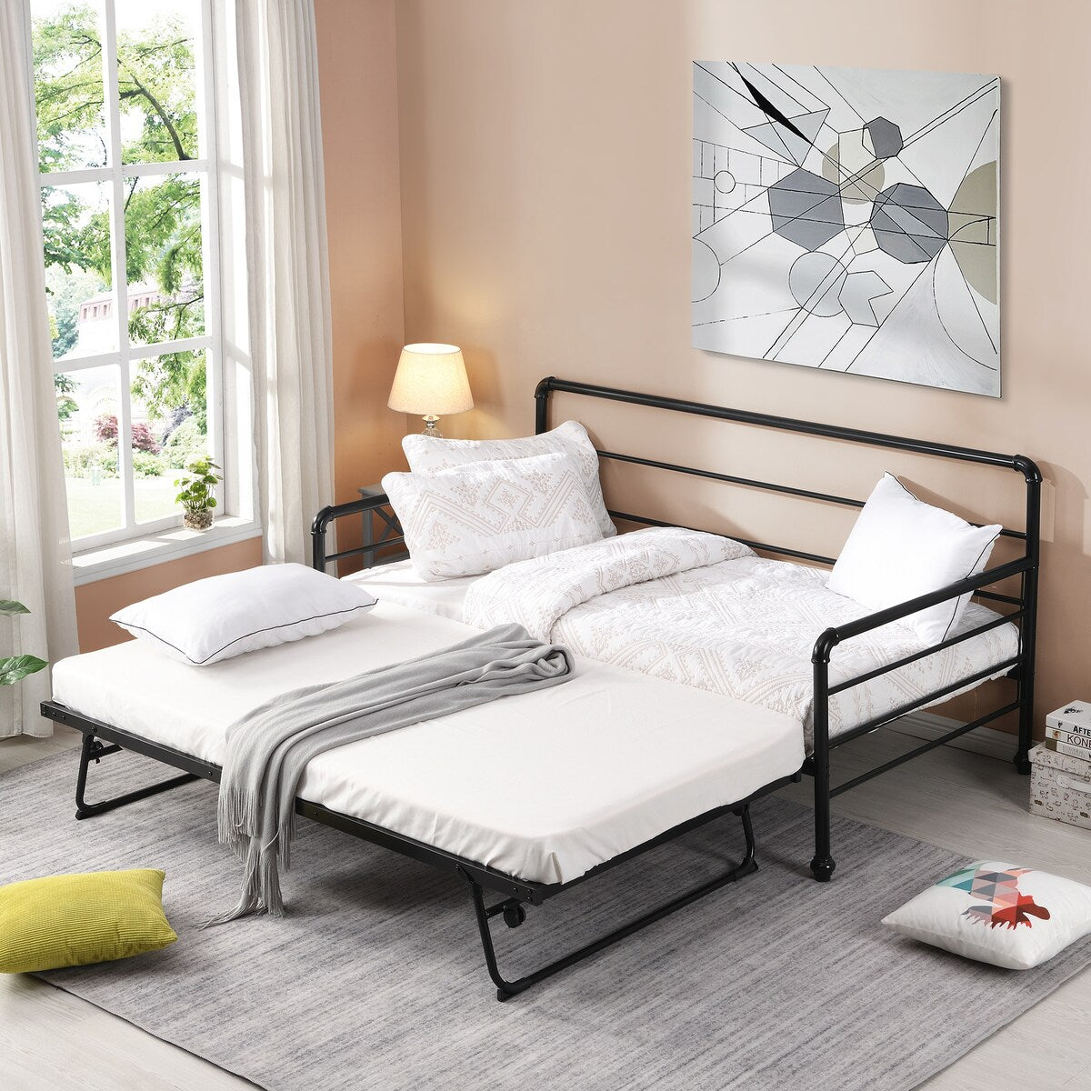 Twin Size Metal Daybed with Adjustable Pop-up Trundle(Same Height as Bed)