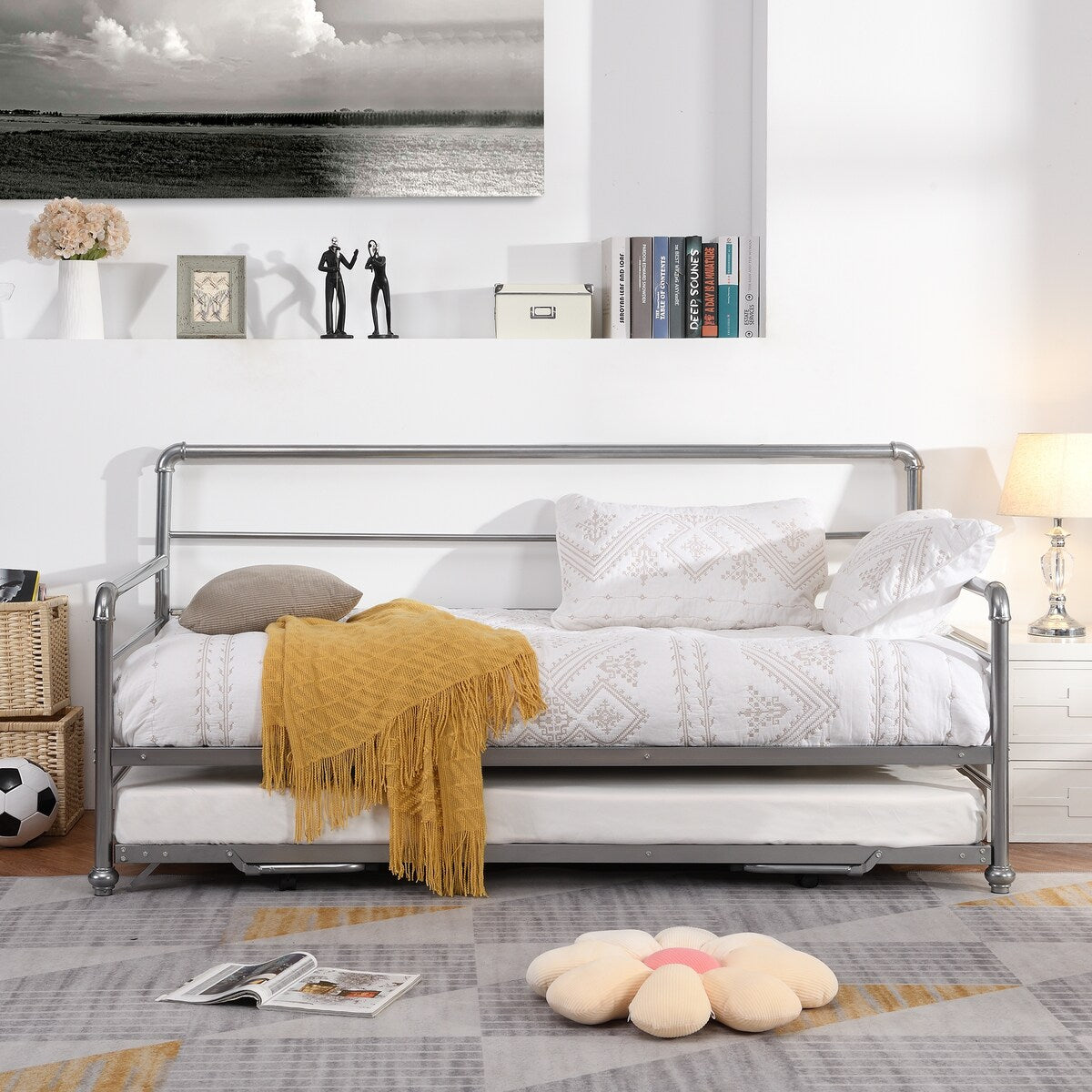 Twin Size Metal Daybed with Adjustable Pop-up Trundle(Same Height as Bed)