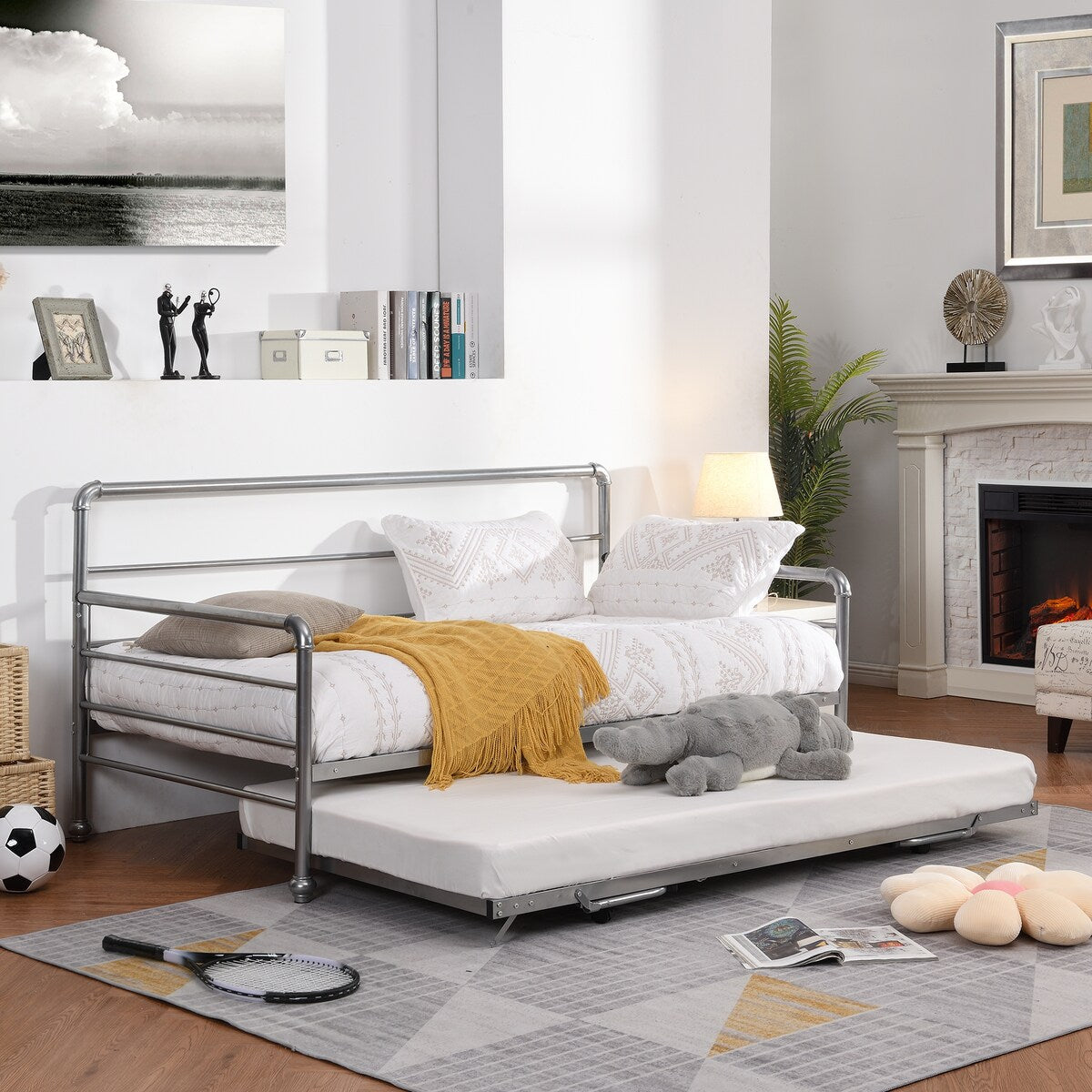 Twin Size Metal Daybed with Adjustable Pop-up Trundle(Same Height as Bed)