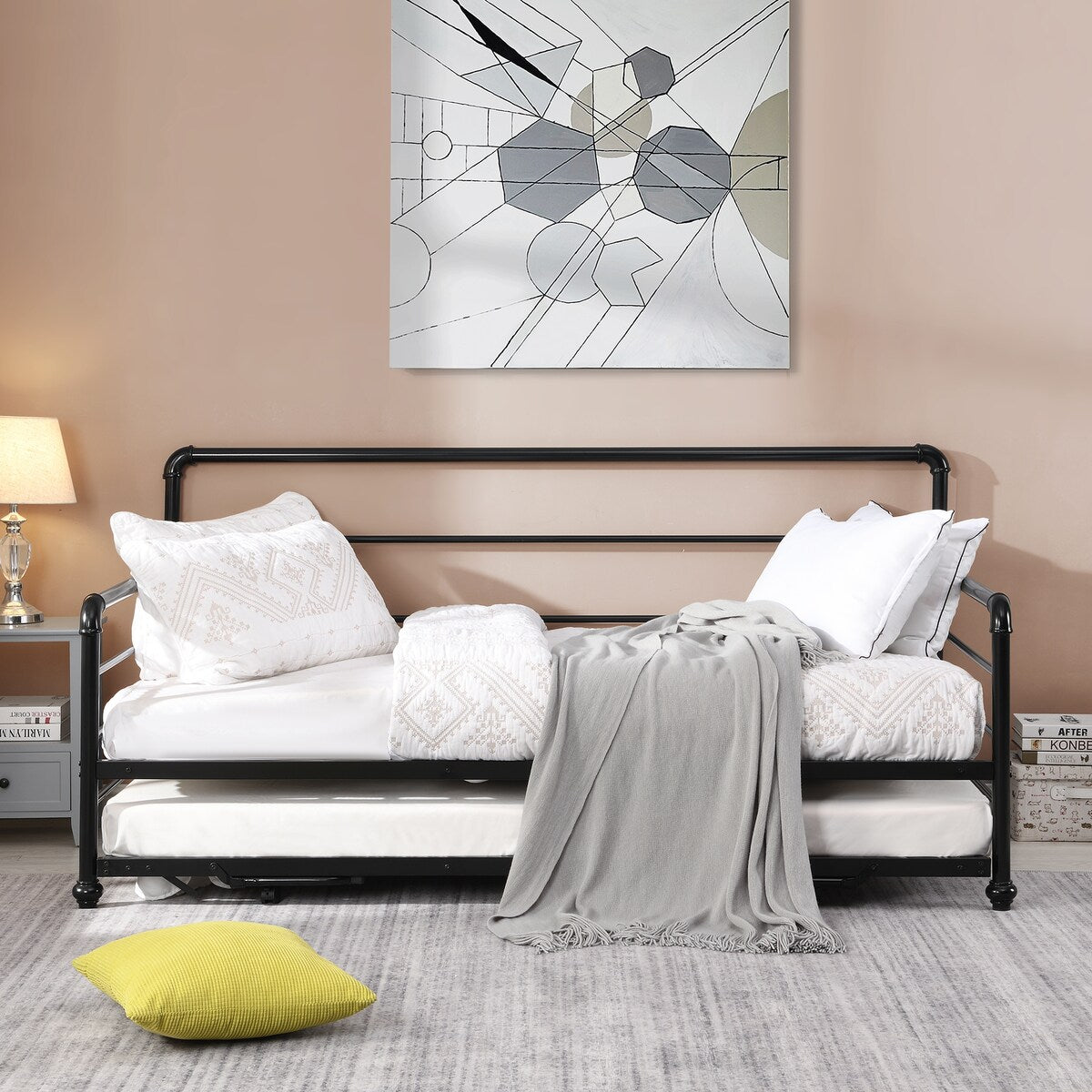 Twin Size Metal Daybed with Adjustable Pop-up Trundle(Same Height as Bed)
