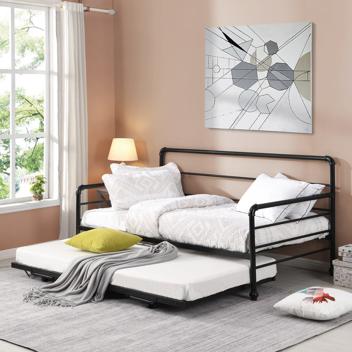 Twin Size Metal Daybed with Adjustable Pop-up Trundle(Same Height as Bed)